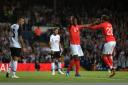 England's Danny Welbeck (centre) celebrates scoring his side's second goal against Costa Rica with team-mate Dele Alli (pic Mike Egerton/PA).