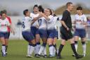 Jessica Naz is congratulated by her team-mates after scoring for Tottenham Hotspur Ladies in their 3-0 win over Lewes Women (pic: Wu's Photography).