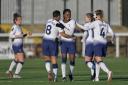 Jessica Naz, of Tottenham Hotspur Ladies, is congratulated on her goal against Crystal Palace Ladies by team-mates Bianca Baptiste, Jenna Schillaci and Josie Green (pic: Wu's Photography.com).