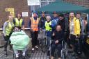 Assembling outside the hospice courtyard for Wheels and Wheelchairs first group stroll in October 2012. They took two patients out from the hospice. L-R: Moira, Costas, Marcus, Alan, Peter, Tricia, Johnny, Ricardo, Kev, Ono, Muhayman and Andy.