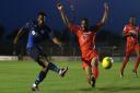 Wingate & Finchley attacker Reece Beckles-Richards has a shot on goal (pic: Gavin Ellis/TGS Photo).