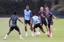 Arsenal’s Rob Holding (right) during a training session at London Colney
