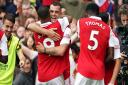 Arsenal\'s Granit Xhaka celebrates scoring their third goal against Tottenham