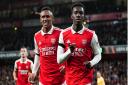 Arsenal\'s Eddie Nketiah (right) celebrates scoring their first goal at Emirates Stadium