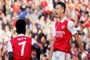 Arsenal\'s Gabriel Martinelli celebrates scoring their first goal against Liverpool