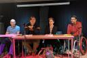Left to right Brian Debus on behalf of  unwell Trade Unionist and Socialist Coalition (TUSC) candidate, chair David Perks, Zoë Garbett, Green, candidate, Peter Smorthit, Independent candidate at the Premises Studios. Pic Julia Gregory, free for use