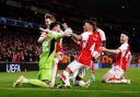 Arsenal's David Raya, Martin Odegaard, Ben White, Bukayo Saka and Declan Rice celebrate after winning the penalty shoot-out of the UEFA Champions League Round of 16, second leg match at the Emirates Stadium, London. Picture date: Tuesday March 12,
