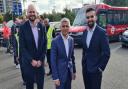 Mayor of Hackney Philip Glanville, Mayor of London Sadiq Khan (centre) and Cllr Mete Coban met at Olympic Park in Hackney to mark the extension of the Ultra Low Emission Zone (ULEZ).