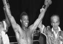Kirkland Laing celebrating with his manager Mickey Duff after winning the European Welterweight title in just two rounds at Wembley. Laing, 36, of Hackney, knocked out Frenchman Antoine Fernandez 30 seconds from the end of the second round.