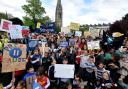 Clean Air for Schools March on 26.04.19. Children and parents from Grasmere and William Patten primary schools, march to Clissold Park. Pictured the rally in the park
