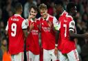 Arsenal\'s Fabio Vieira (second left) celebrates scoring their third goal against Bodo/Glimt