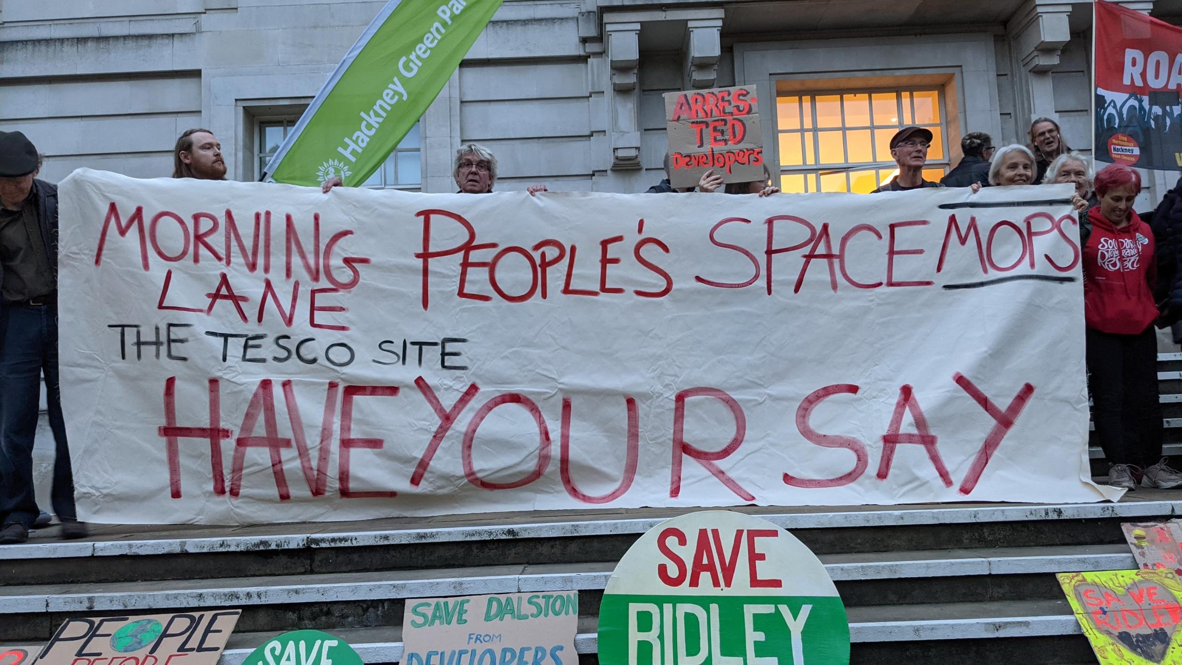 A protest over the Morning Lane development outside Hackney town hall. Photo: Morning Lane Peoples Space