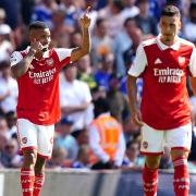 Arsenal's Gabriel Jesus (left) celebrates scoring their first goal against Leicester