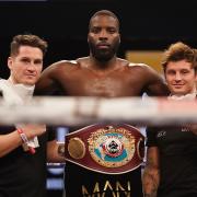 Lawrence Okolie celebrates after his win over Nikodem Jezewski in their WBO International Cruiserweight title bout