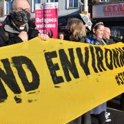 People marching along Fore Street in a protest against the Edmonton Incinerator on January 16