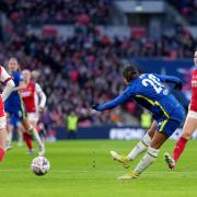 Chelsea's Sam Kerr scores their side's second goal of the game during the Vitality Women's FA Cup final at Wembley Stadium