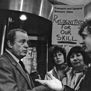 Mick Gosling with sewing machinists and trade leader Ron Todd in 1984