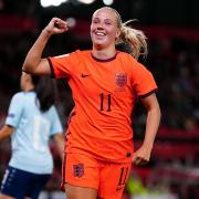 Arsenal's Beth Mead celebrates scoring the fifth England goal against Luxembourg
