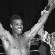 Kirkland Laing celebrating with his manager Mickey Duff after winning the European Welterweight title in just two rounds at Wembley. Laing, 36, of Hackney, knocked out Frenchman Antoine Fernandez 30 seconds from the end of the second round.