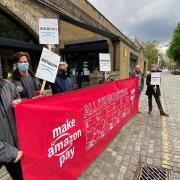 Protesters gathered in Shoreditch in support of Amazon workers' rights across the world.