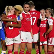Arsenal's Beth Mead interacts with Brighton's Victoria Williams after the Women's Super League match at Meadow Park