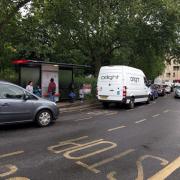 Traffic queuing in Westgate Street, near London Fields Primary School