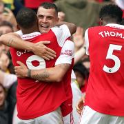 Arsenal\'s Granit Xhaka celebrates scoring their third goal against Tottenham