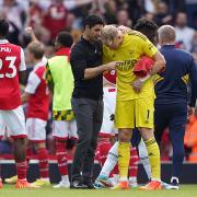 Arsenal manager Mikel Arteta and goalkeeper Aaron Ramsdale after the north London derby win over Tottenham
