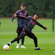 Arsenal manager Mikel Arteta and Gabriel Jesus during a training session at London Colney