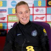 England\'s Beth Mead speaks to the press during a media session at The Lensbury Resort
