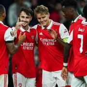 Arsenal\'s Fabio Vieira (second left) celebrates scoring their third goal against Bodo/Glimt