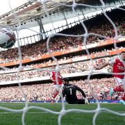 Arsenal\'s Gabriel Martinelli scores their first goal against Liverpool