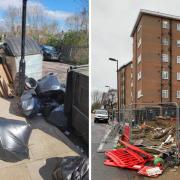 Pictured: Collapsed shop (January) and bins (April) in Holmdale Terrace