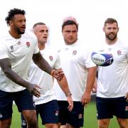 England's Courtney Lawes, Ben Earl, Jamie George and Elliot Daly during a training session in France. Image: PA