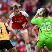 Arsenal's Alessia Russo heads goalwards against Leicester City