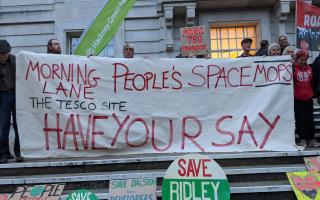 Protest over Morning Lane development outside Hackney town hall. Photo: Julia Gregory/LDRS