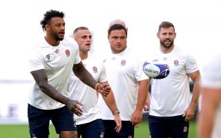 England's Courtney Lawes, Ben Earl, Jamie George and Elliot Daly during a training session in France. Image: PA
