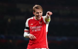 Martin Odegaard celebrates Arsenal's fifth goal against Lens