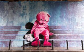 The mural featuring 'The Pink Bear' was painted in Bateman's Row by artist LUAP